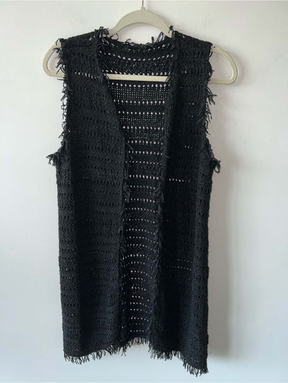 Chico's Black Crocheted Fringe Vest